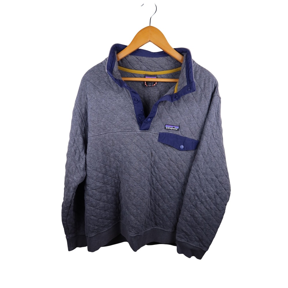 Patagonia Mens Large Quilted Cotton Snap-T Pullover Heather Grey Navy Blue 25371